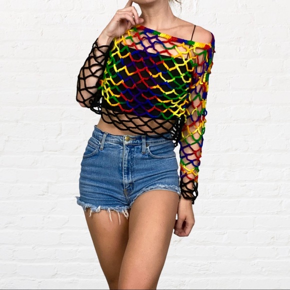 HANDMADE | Rainbow Lace Crochet Long Sleeve Festival Summer Cropped Top - Picture 8 of 9